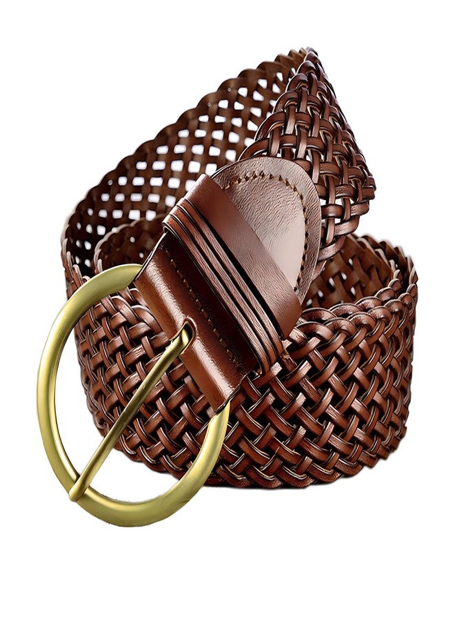 ANNULOYA 2 Inch Wide Leather Braided Belts for Women Hand Made Soft Woven Waistbands with Round Golden Pin Buckle (Brown) - Image 2